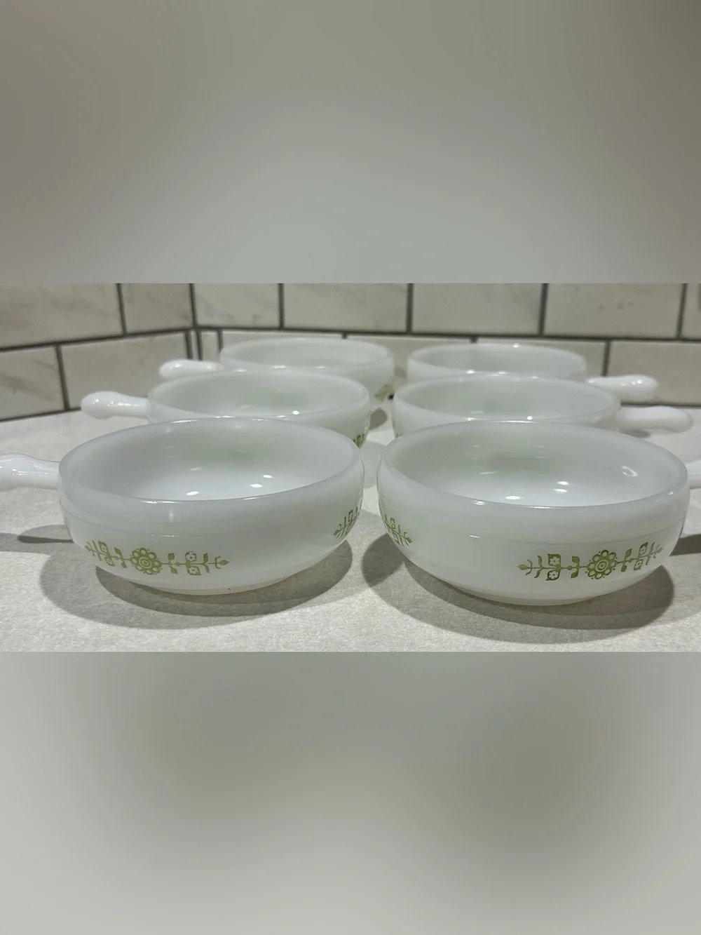 6 -Glasbake Milk Glass Handled Soup Bowl Green Daisy Floral J-2639 MCM USA VTG